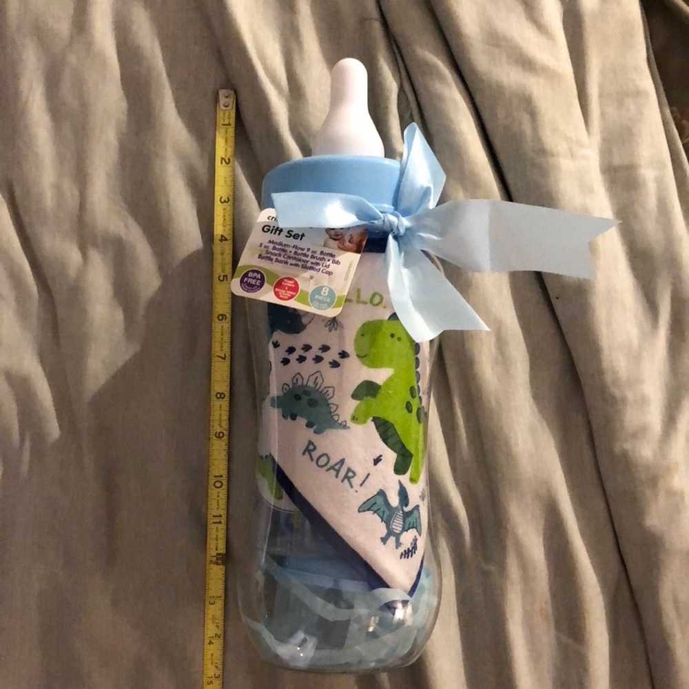 Baby Bottle Bank and Bib Gift Set with Dinosaur Print
